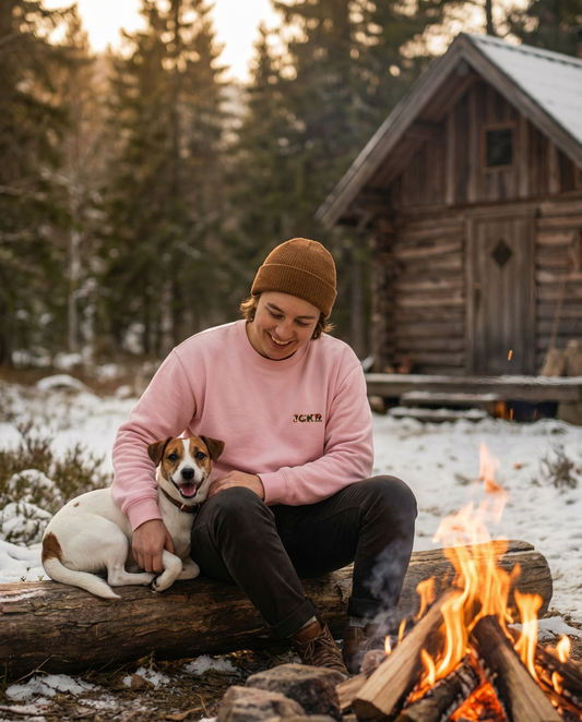 LARA crewneck sweater in pink, dog and owner enjoys the outdoors