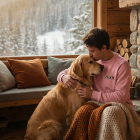 Dog and owner wearing a JCKR clothing sweater indoors enjoying winter