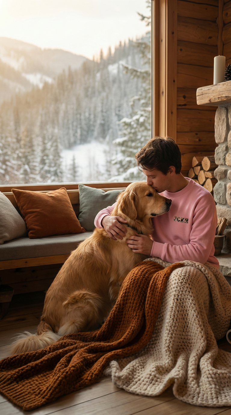 Dog and owner wearing a JCKR clothing sweater indoors enjoying winter