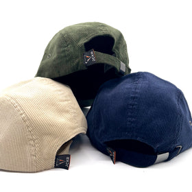 navy blue, beige and green fine corduroy 5 panels hats with JCKR logo embroidered patch on the front