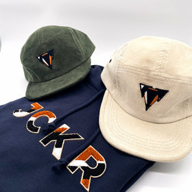 Two curdoroy winter 5panel caps with JCKR embroidered logo and a navy hoodie with JCKR chenille patch