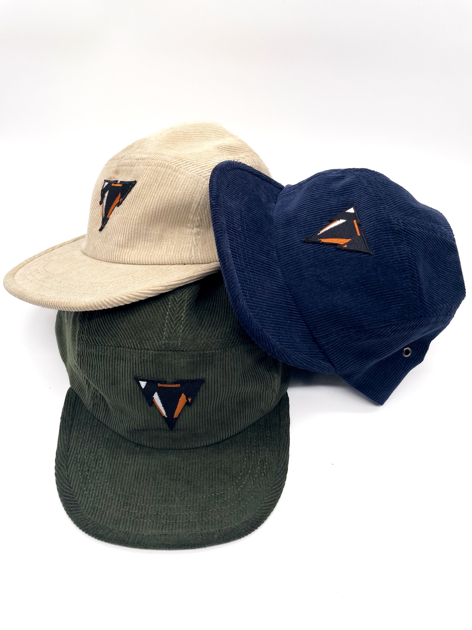 navy blue, beige and green fine corduroy 5 panels hats with JCKR logo embroidered patch on the front