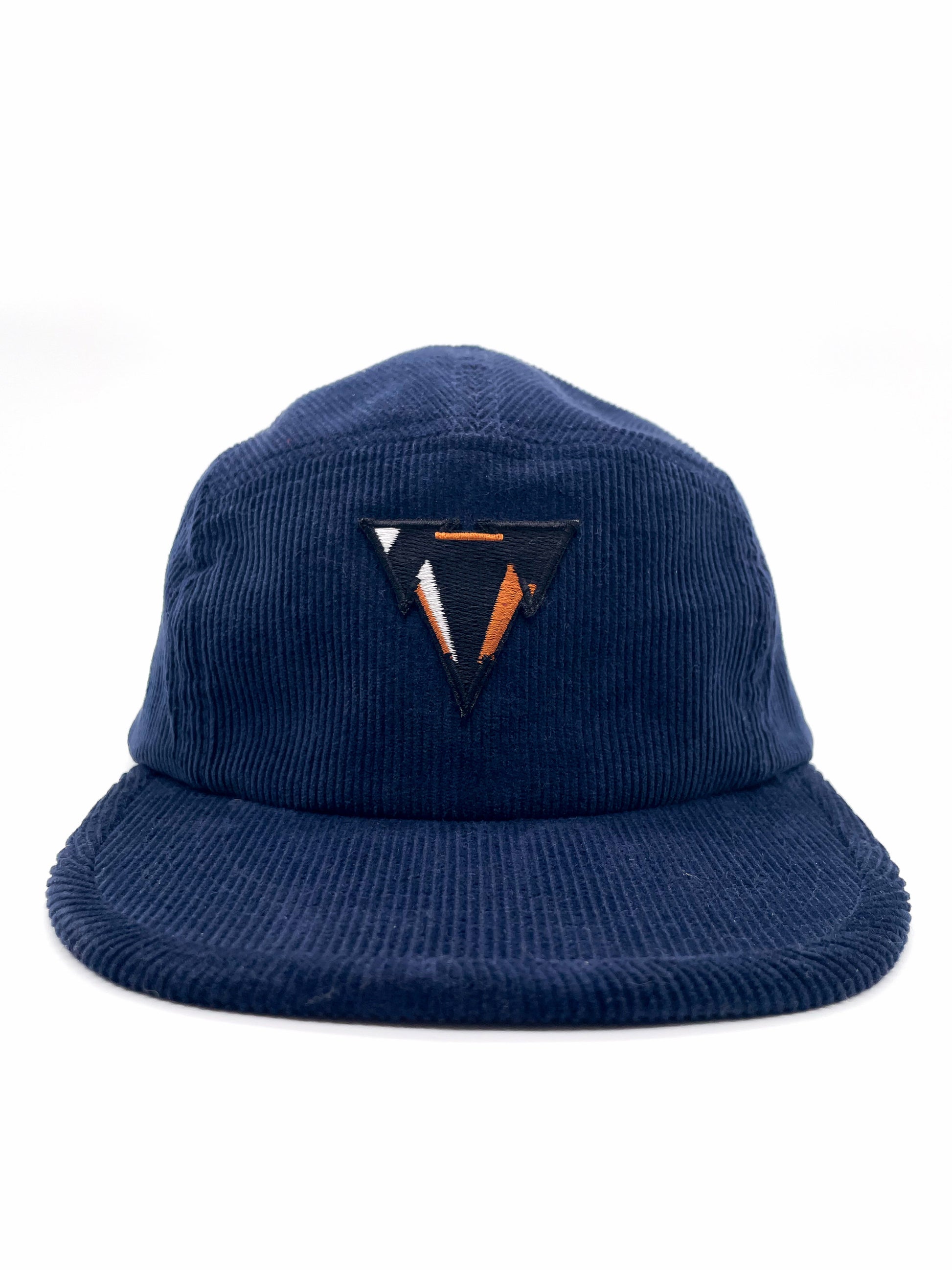 navy blue fine corduroy 5 panels hat with JCKR logo embroidered patch on the front