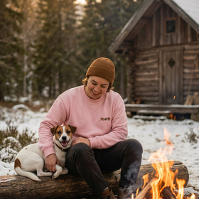LARA crewneck sweater in pink, dog and owner enjoys the outdoors