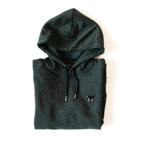 Folded dark gray organic cotton JCKR hoodie on a white background